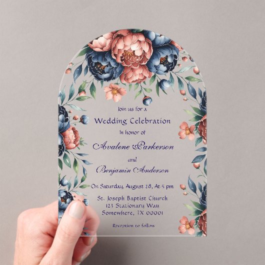Navy & Copper Peony Wood Huwelijksfeest Acryl Uitnodigingen (Insitu (Draagbaar))