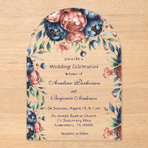 Navy & Copper Peony Wood Huwelijksfeest Acryl Uitnodigingen