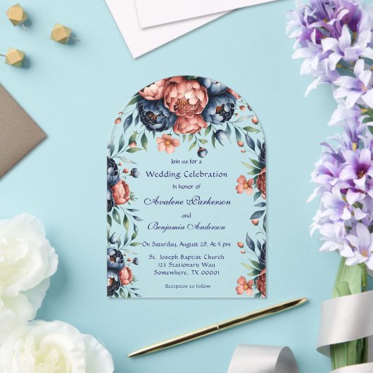 Navy & Copper Peony Wood Huwelijksfeest Acryl Uitnodigingen (Insitu (Huwelijk))