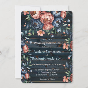 Navy & Copper Peony Wood Huwelijksfeest Kaart