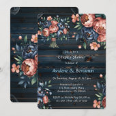 Navy & Copper Peony Wood Koppels Douche Kaart (Voorkant / Achterkant)