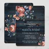 Navy & Copper Peony Wood Trouwdouche Kaart (Voorkant / Achterkant)
