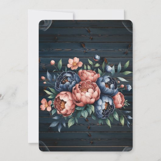 Navy & Copper Peony Wood Trouwdouche Kaart (Achterkant)