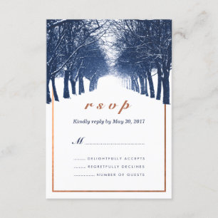 Navy Copper Winter Trees Avenue Wedding RSVP Kaart