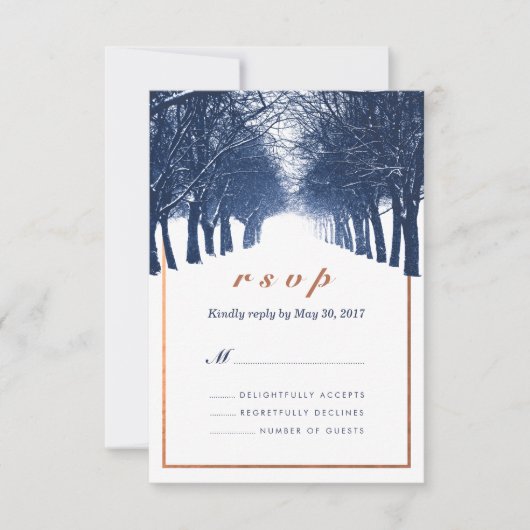 Navy Copper Winter Trees Avenue Wedding RSVP Kaart (Voorkant)