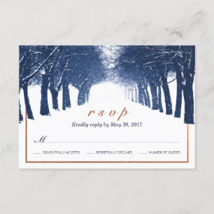 Navy Copper Winter Trees Avenue Wedding RSVP Kaart