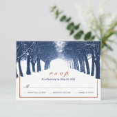 Navy Copper Winter Trees Avenue Wedding RSVP Kaart (Staand voorkant)