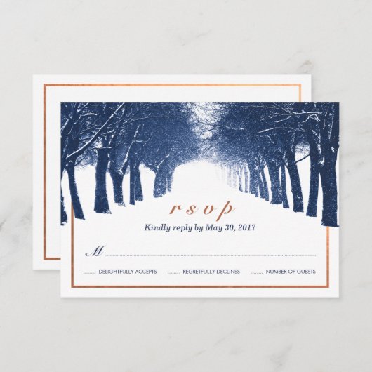 Navy Copper Winter Trees Avenue Wedding RSVP Kaart (Voorkant / Achterkant)