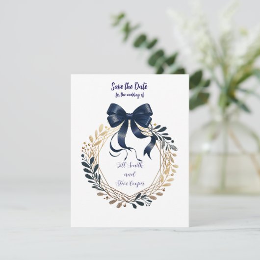 Navy Coquette Bow and Wreath Bewaar de datum Save The Date (Staand voorkant)