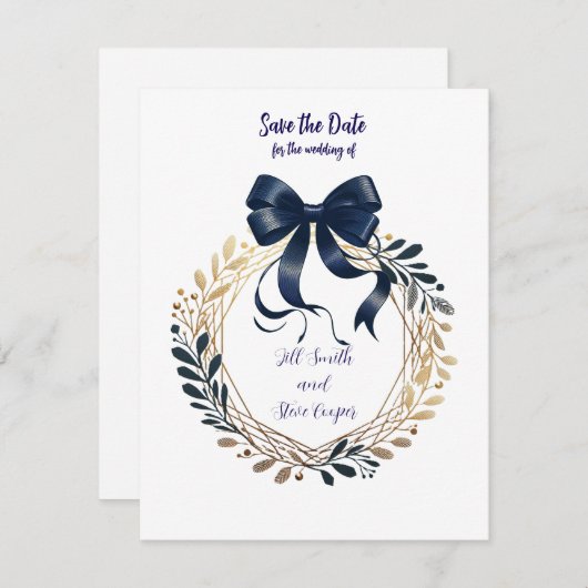 Navy Coquette Bow and Wreath Bewaar de datum Save The Date (Voorkant / Achterkant)
