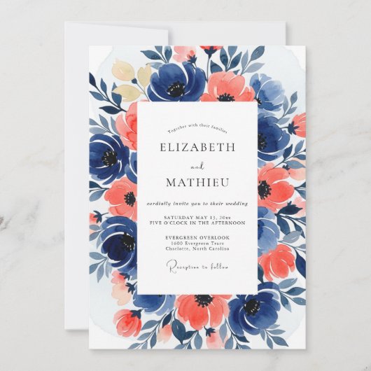 Navy Coral Bloom Romance Wedding Kaart (Voorkant)