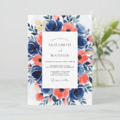 Navy Coral Bloom Romance Wedding Kaart (Staand voorkant)
