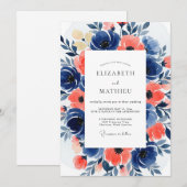 Navy Coral Bloom Romance Wedding Kaart (Voorkant / Achterkant)
