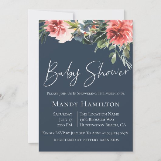 Navy Coral Botanical Baby shower Invitation Kaart (Voorkant)