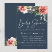 Navy Coral Botanical Baby shower Invitation Kaart (Voorkant / Achterkant)