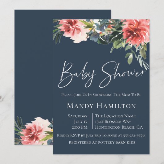 Navy Coral Botanical Baby shower Invitation Kaart (Voorkant / Achterkant)
