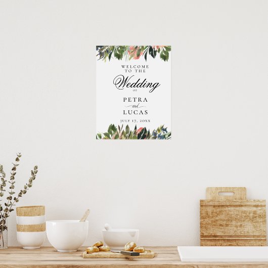 Navy Coral Botanical Wedding Welcome Poster (Keuken)