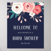 Navy & Coral Floral Bouquet Baby shower Welkom Poster (Voorkant)