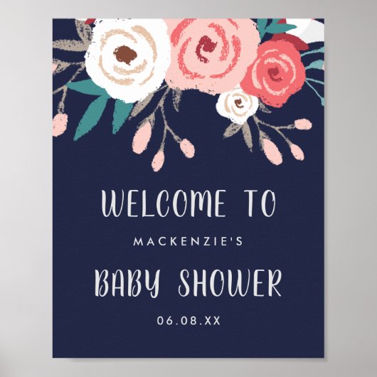 Navy & Coral Floral Bouquet Baby shower Welkom Poster (Voorkant)