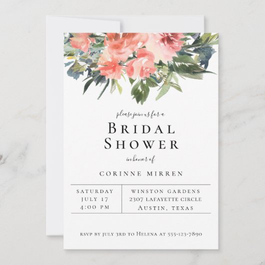 Navy Coral Floral Bridal Shower Aankondiging (Voorkant)