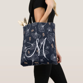 Navy Coral Ginkgo Monogram Tote Tas