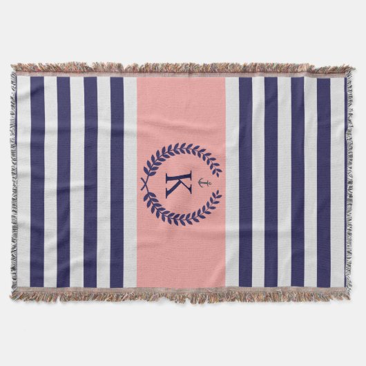Navy Coral Nautical Stripes gepersonaliseerd monog Deken (Voorkant)