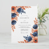 Navy Coral Painterly Blossom Wedding Kaart (Staand voorkant)