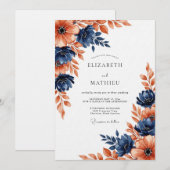 Navy Coral Painterly Blossom Wedding Kaart (Voorkant / Achterkant)