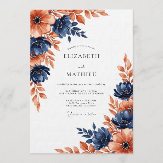 Navy Coral Painterly Blossom Wedding Kaart (Voorkant)