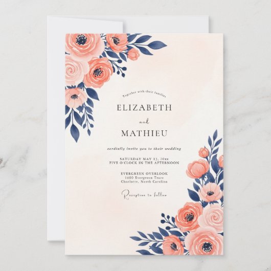 Navy Coral Painterly Summer Wedding Kaart (Voorkant)