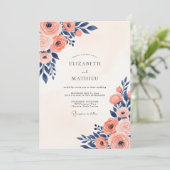 Navy Coral Painterly Summer Wedding Kaart (Staand voorkant)