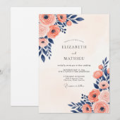 Navy Coral Painterly Summer Wedding Kaart (Voorkant / Achterkant)