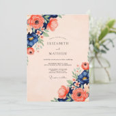 Navy Coral Radiant Spring Wedding Kaart (Staand voorkant)