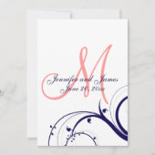 Navy Coral Swirl Monogram Weddenschap Kaart (Voorkant)