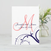 Navy Coral Swirl Monogram Weddenschap Kaart (Staand voorkant)