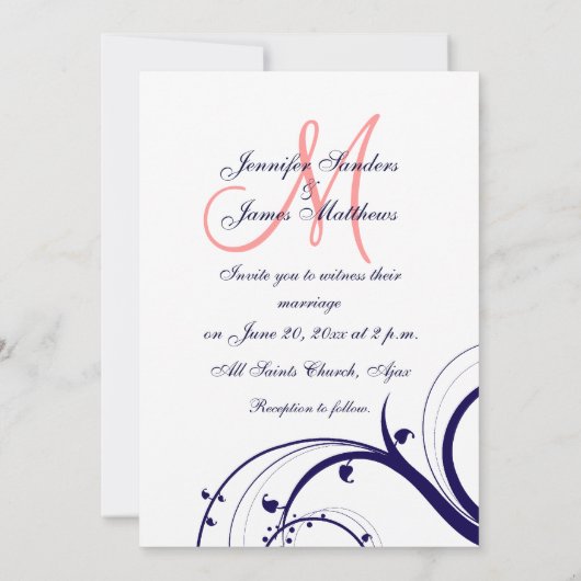 Navy Coral Swirl Monogram Weddenschap Kaart (Achterkant)