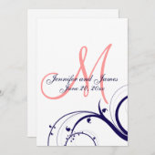 Navy Coral Swirl Monogram Weddenschap Kaart (Voorkant / Achterkant)