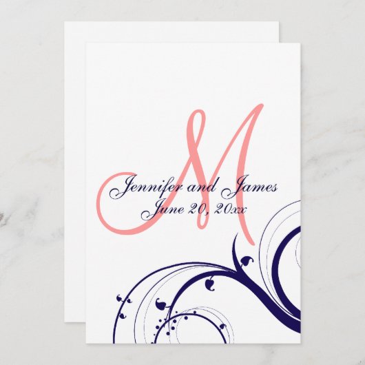 Navy Coral Swirl Monogram Weddenschap Kaart (Voorkant / Achterkant)