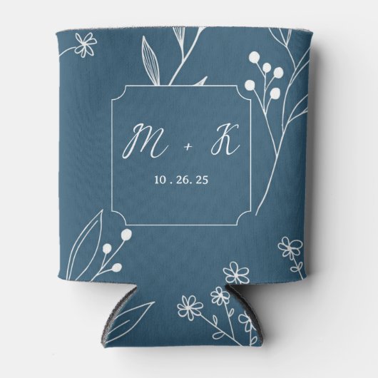 Navy Corner Floral Boho Wedding Can Cooler (Voorkant)