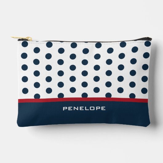 Navy Cosmetics Bag met Polka Dots, Strepen, Naam Etui (Voorkant)