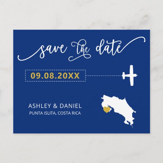 Navy Costa Rica Wedding Save the Date Map Briefkaa Briefkaart (Voorkant)