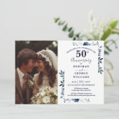 Navy Country Floral 50e bruiloft Jubileum Foto Kaart (Staand voorkant)