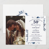 Navy Country Floral 50e bruiloft Jubileum Foto Kaart (Voorkant / Achterkant)