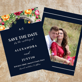 Navy Cream Bloemenboog Save the Date Foto Kaart