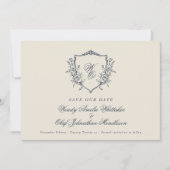 Navy & Cream  Bloemkam Monogram Foto Save The Date (Voorkant)