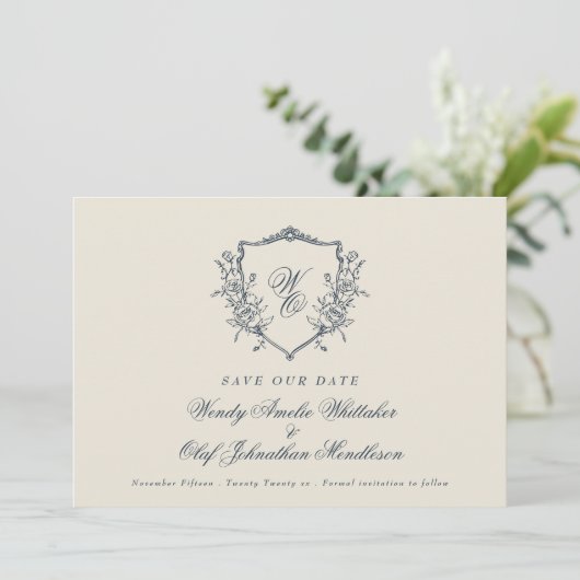 Navy & Cream  Bloemkam Monogram Foto Save The Date (Staand voorkant)