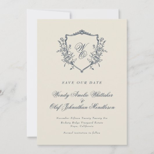 Navy & Cream Bloemkam Monogram Foto Save The Date (Voorkant)