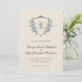 Navy & Cream Bloemkam Monogram Foto Save The Date (Staand voorkant)