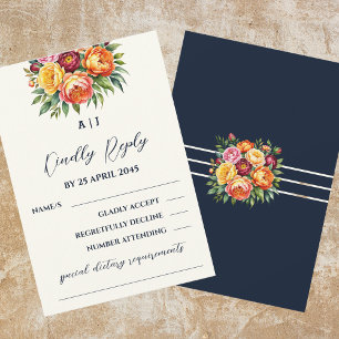 Navy Cream Bourgondische pioen Rozen Floral Weddin RSVP Kaartje