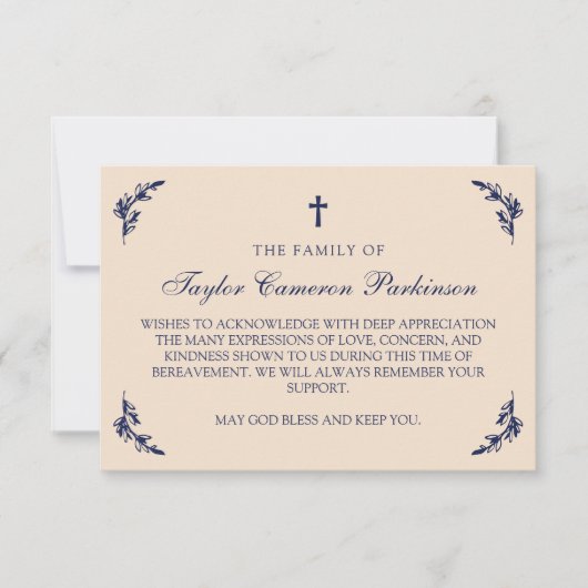 Navy & Cream Cross Greenery Verdieping Dank u Bedankkaart (Voorkant)